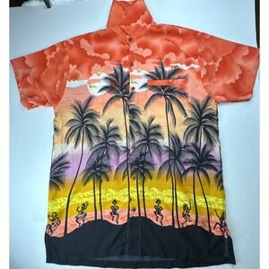 Asha Button Down Shirt Tropical‎ Sunset Palm Tree Print XL Orange Yellow Black